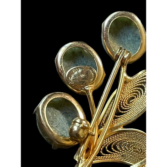 Vintage 10k Gold Filled with Nephrite Jade Stones Floral Filigree Brooch Pin - Picture 3 of 5